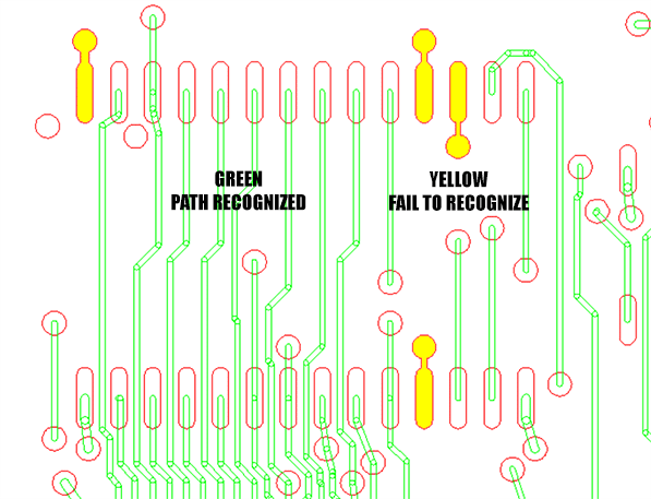 example of path recognition - most but not all traces from ODB++ are recognized and converted to GDSII Paths.